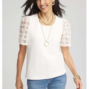 Chico's 3D Chiffon Short Sleeve Top White Career Neutral Scoop Neck Size XXL